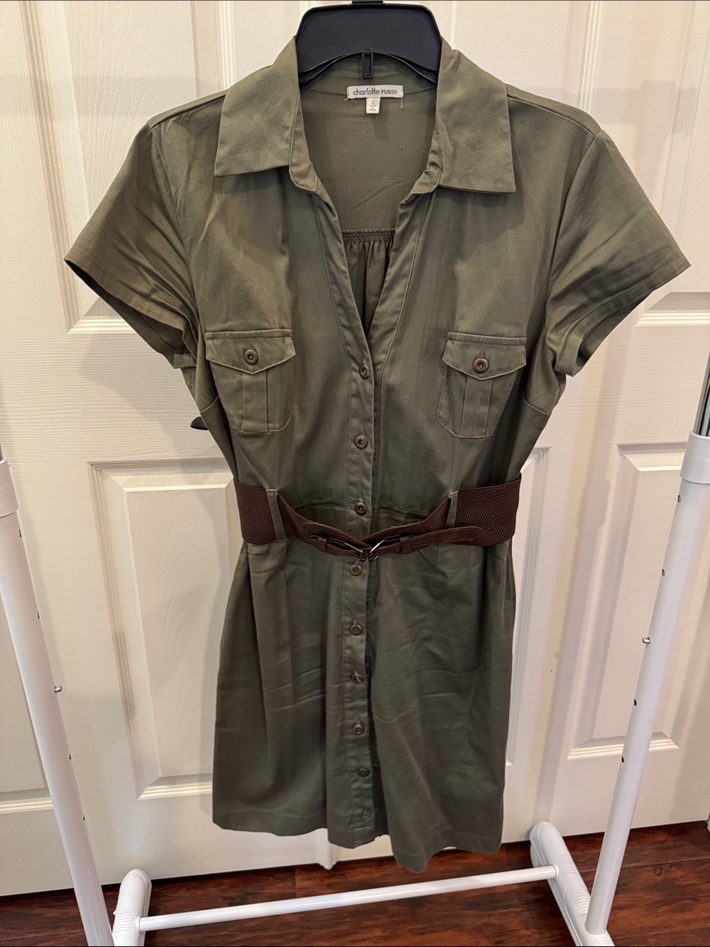 Charlotte Russe Olive Green Button-Front Shirt Dress with Brown Belt